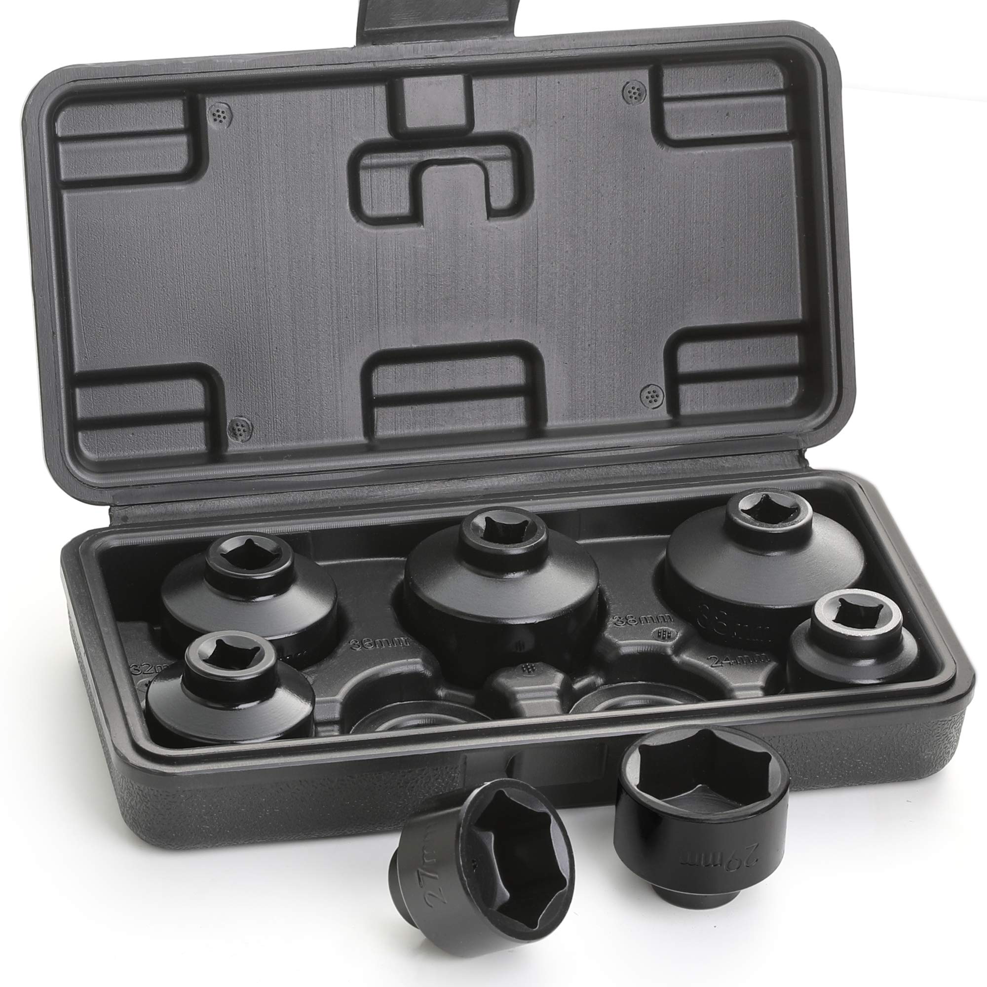 Hromee Fuel Filter Cap Removal Tool and Installer 7 Pieces Low Profile Oil Canister Socket Set 24mm 27mm, 29mm, 30mm, 32mm, 36mm and 38mm