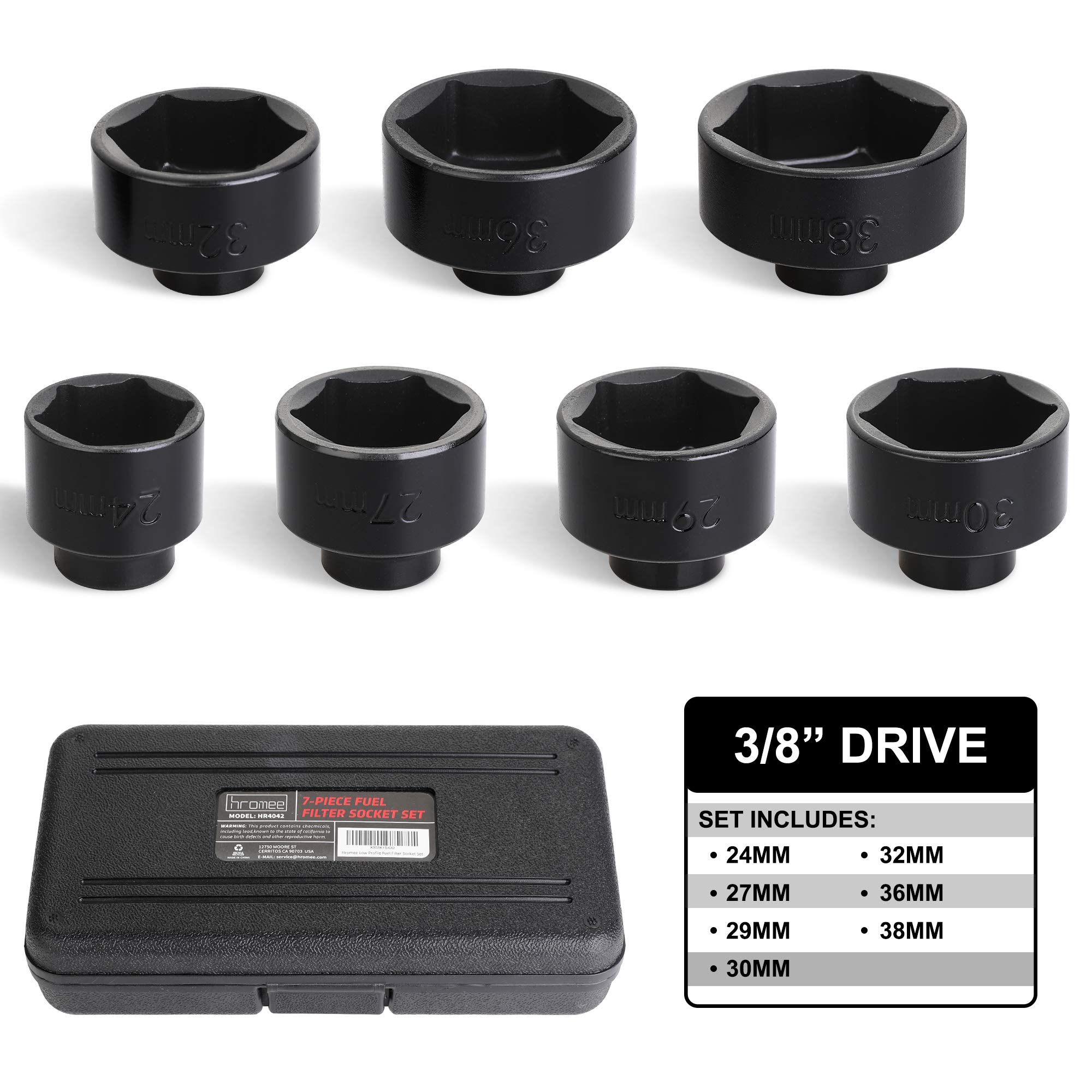 Hromee Fuel Filter Cap Removal Tool and Installer 7 Pieces Low Profile Oil Canister Socket Set 24mm 27mm, 29mm, 30mm, 32mm, 36mm and 38mm