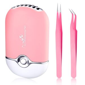 usb air conditioning blower handheld eyelash fan dryer rechargeable eyelashes dryer fan mini portable fans with 2 pieces straight and curved tweezers for eyelash extensions girls women (pink)