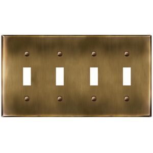 enerlites quad toggle light switch metal cover plate, stainless steel wall plate, corrosion resistant, standard size 4-gang 4.50" x 8.19", stainless steel 201, 7714-ab, antique brass