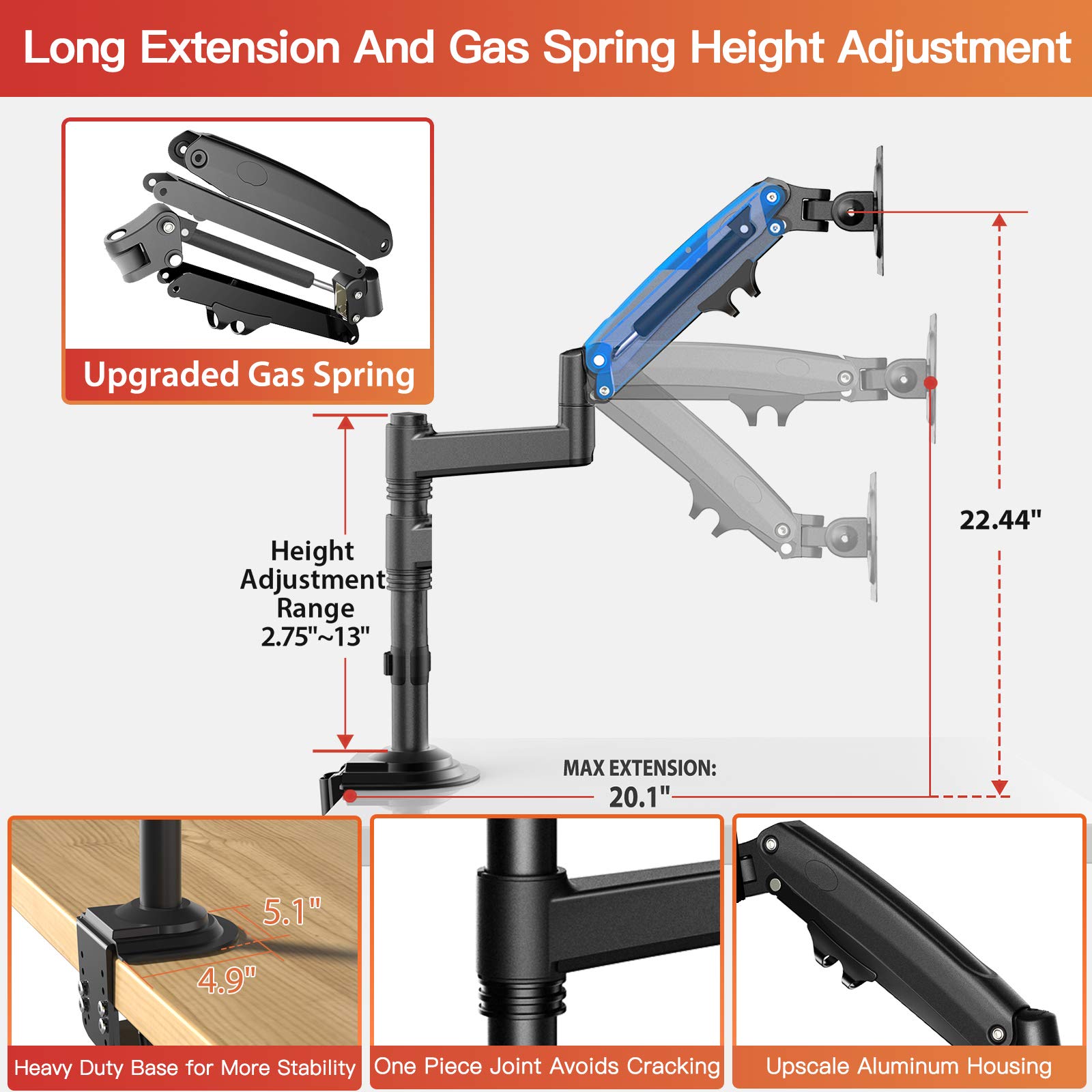 ErGear Dual Monitor Mount Arm 13-32 Inch, Adjustable Gas Spring Monitor Desk Mount Stand, VESA Mount 75/100mm with C Clamp, Grommet Mounting for Most Flat Curved Monitors, Hold up to 26.5lbs