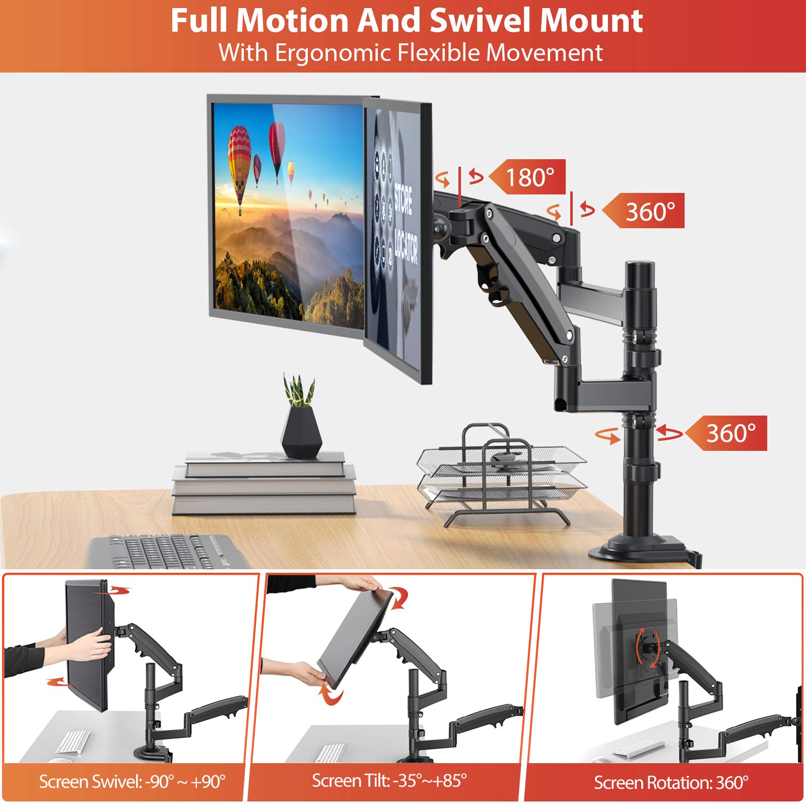 ErGear Dual Monitor Mount Arm 13-32 Inch, Adjustable Gas Spring Monitor Desk Mount Stand, VESA Mount 75/100mm with C Clamp, Grommet Mounting for Most Flat Curved Monitors, Hold up to 26.5lbs