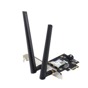 asus pce-ax3000 wifi 6 (802.11ax) adapter with 2 external antennas. supporting 160mhz for total data rate up to 3000mbps, bluetooth 5.0, wpa3 network security, ofdma and mu-mimo