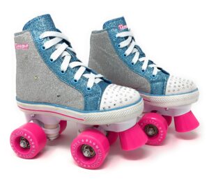 chicago skates girls fashion quad skates with flashing lights - glitter silver/teal/pink - size 2