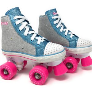 Chicago Skates Girls Fashion Quad Skates with Flashing Lights - Glitter Silver/Teal/Pink - Size 2