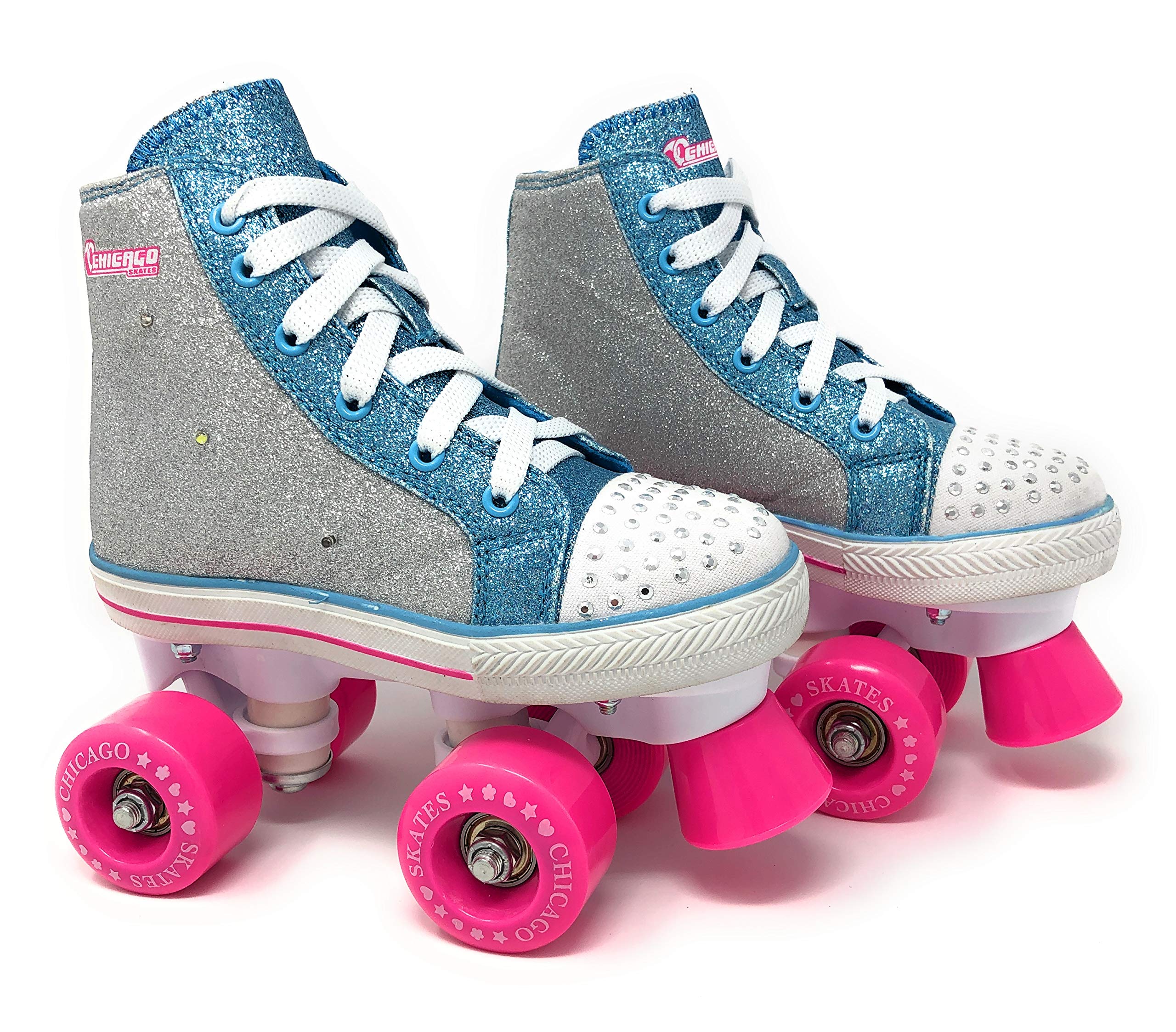 Chicago Skates Girls Fashion Quad Skates with Flashing Lights - Glitter Silver/Teal/Pink - Size 2