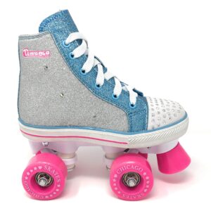 Chicago Skates Girls Fashion Quad Skates with Flashing Lights - Glitter Silver/Teal/Pink - Size 2