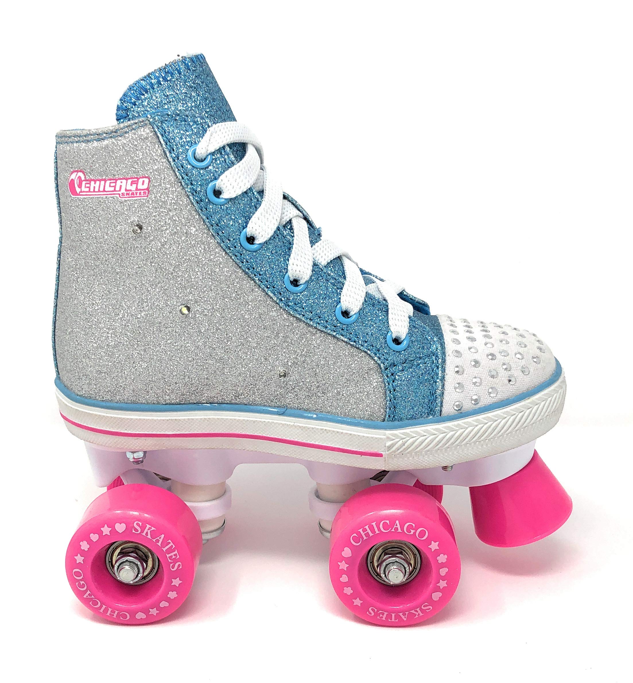 Chicago Skates Girls Fashion Quad Skates with Flashing Lights - Glitter Silver/Teal/Pink - Size 2