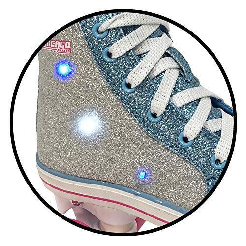 Chicago Skates Girls Fashion Quad Skates with Flashing Lights - Glitter Silver/Teal/Pink - Size 2