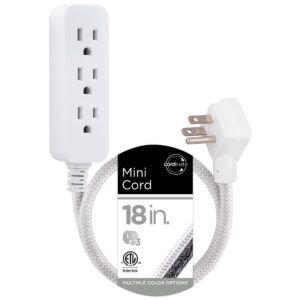 cordinate designer mini 3-outlet power strip, 18 in braided extension cord, grounded adapter, low-profile flat plug, ul listed, white/gray, 47297
