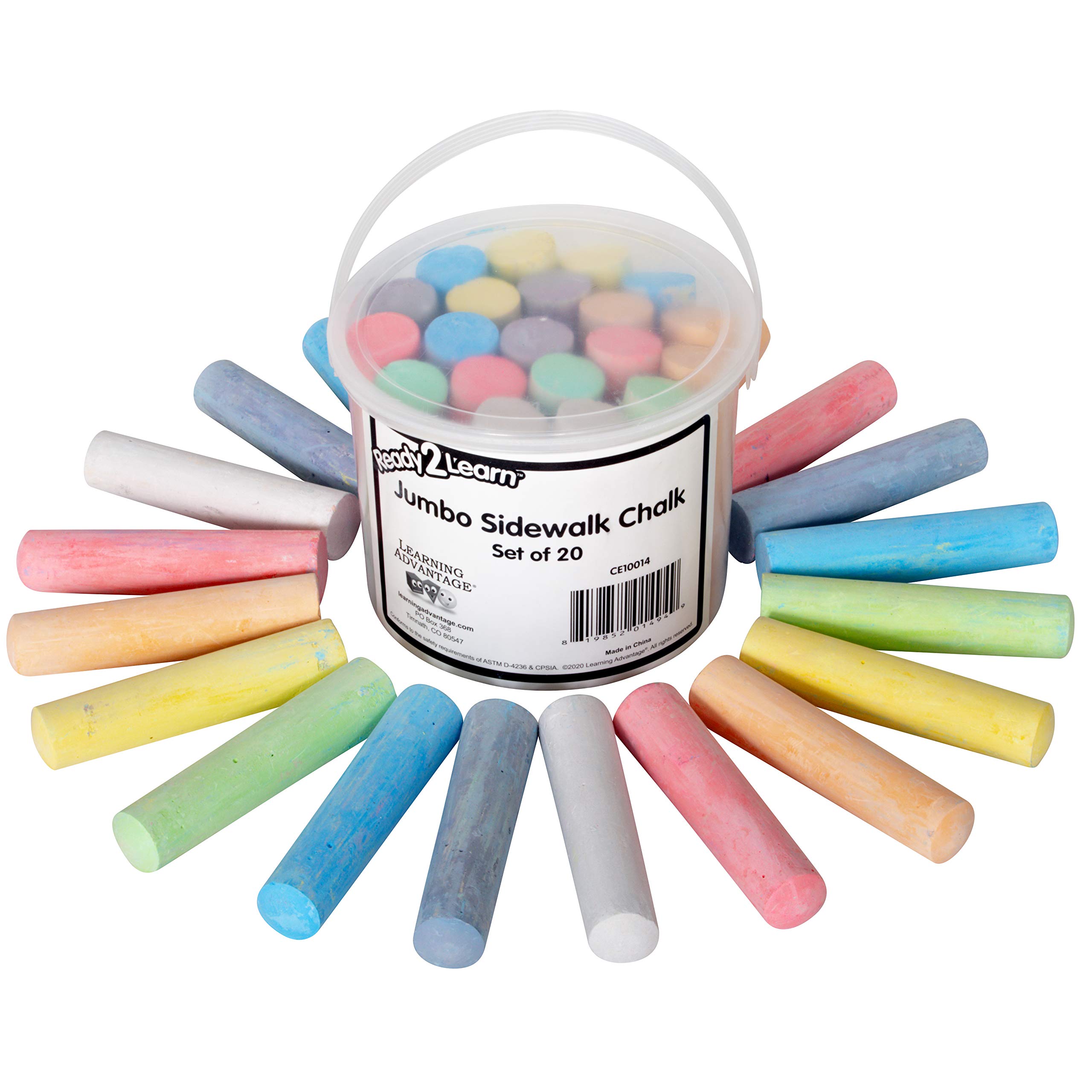 READY 2 LEARN Jumbo Sidewalk Chalk - Set of 20 in 9 Colors - Washable, Non-Toxic, Colored Chalk