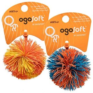 scs direct ogosoft rubber band ball, 2-pack - soft stringy pom monkey ball for indoor & outdoor play - stress relief, sensory & fidget toy - assorted colors - ages 4+