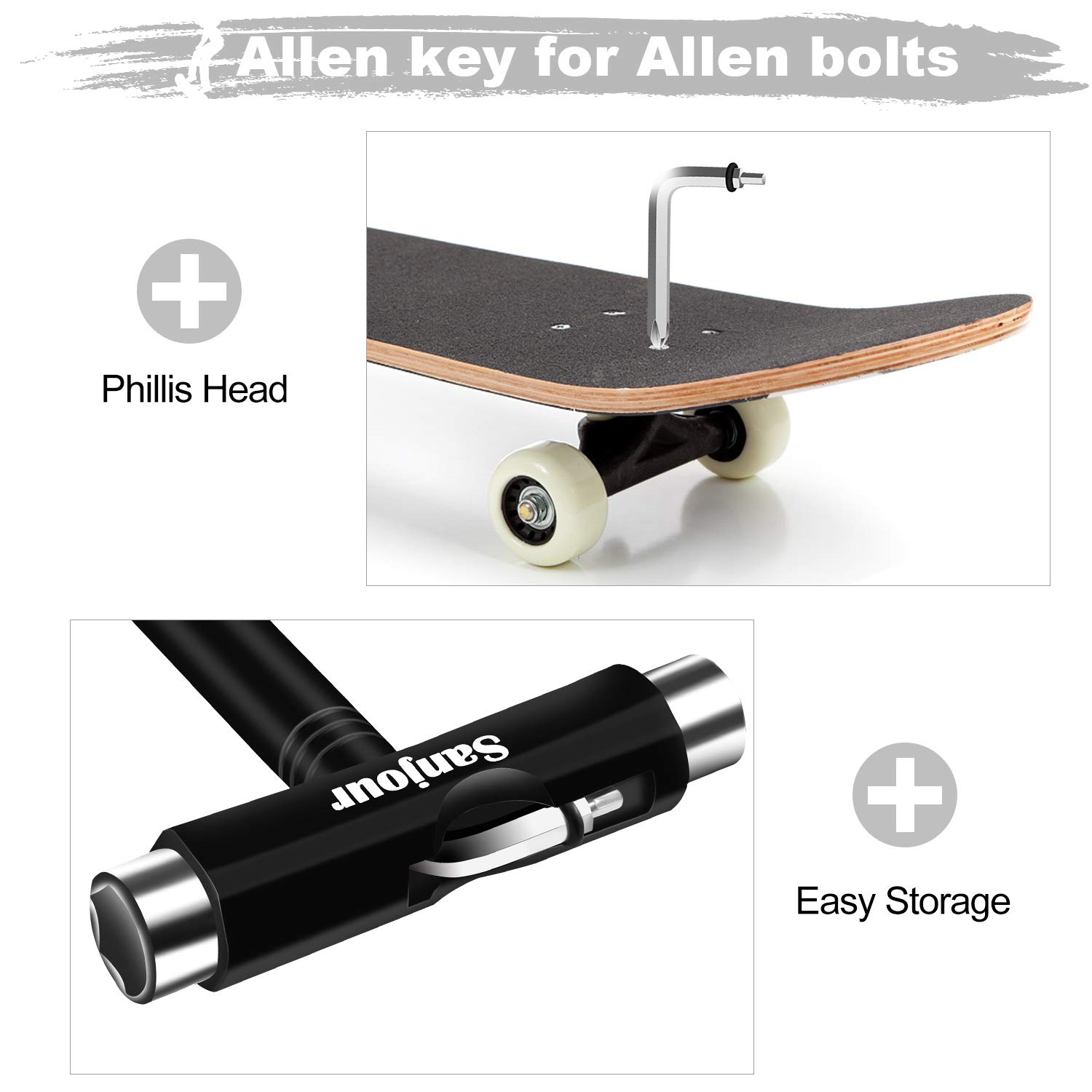 Sanjour All-in-One Skate Tools Multi-Function Portable Skateboard T Tool Kit Accessory with T-Type Allen Key and L-Type Phillips Head Screwdriver for Roller Skates/Skateboard-2 Packs (Cool Black)