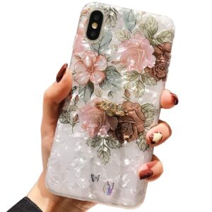 qokey compatible with iphone xr case,flower case cute fashion for men women girls with 360 degree rotating ring kickstand soft tpu shockproof cover designed for iphone xr 6.1 inch brown floral