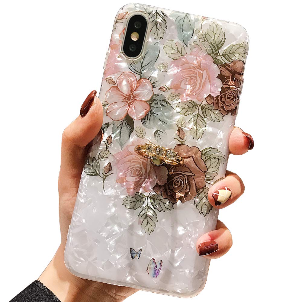 Qokey Compatible with iPhone XR Case,Flower Case Cute Fashion for Men Women Girls with 360 Degree Rotating Ring Kickstand Soft TPU Shockproof Cover Designed for iPhone XR 6.1 inch Brown Floral