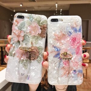 Qokey Compatible with iPhone XR Case,Flower Case Cute Fashion for Men Women Girls with 360 Degree Rotating Ring Kickstand Soft TPU Shockproof Cover Designed for iPhone XR 6.1 inch Brown Floral