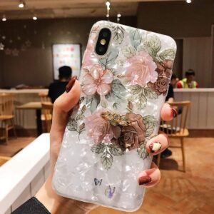 Qokey Compatible with iPhone XR Case,Flower Case Cute Fashion for Men Women Girls with 360 Degree Rotating Ring Kickstand Soft TPU Shockproof Cover Designed for iPhone XR 6.1 inch Brown Floral