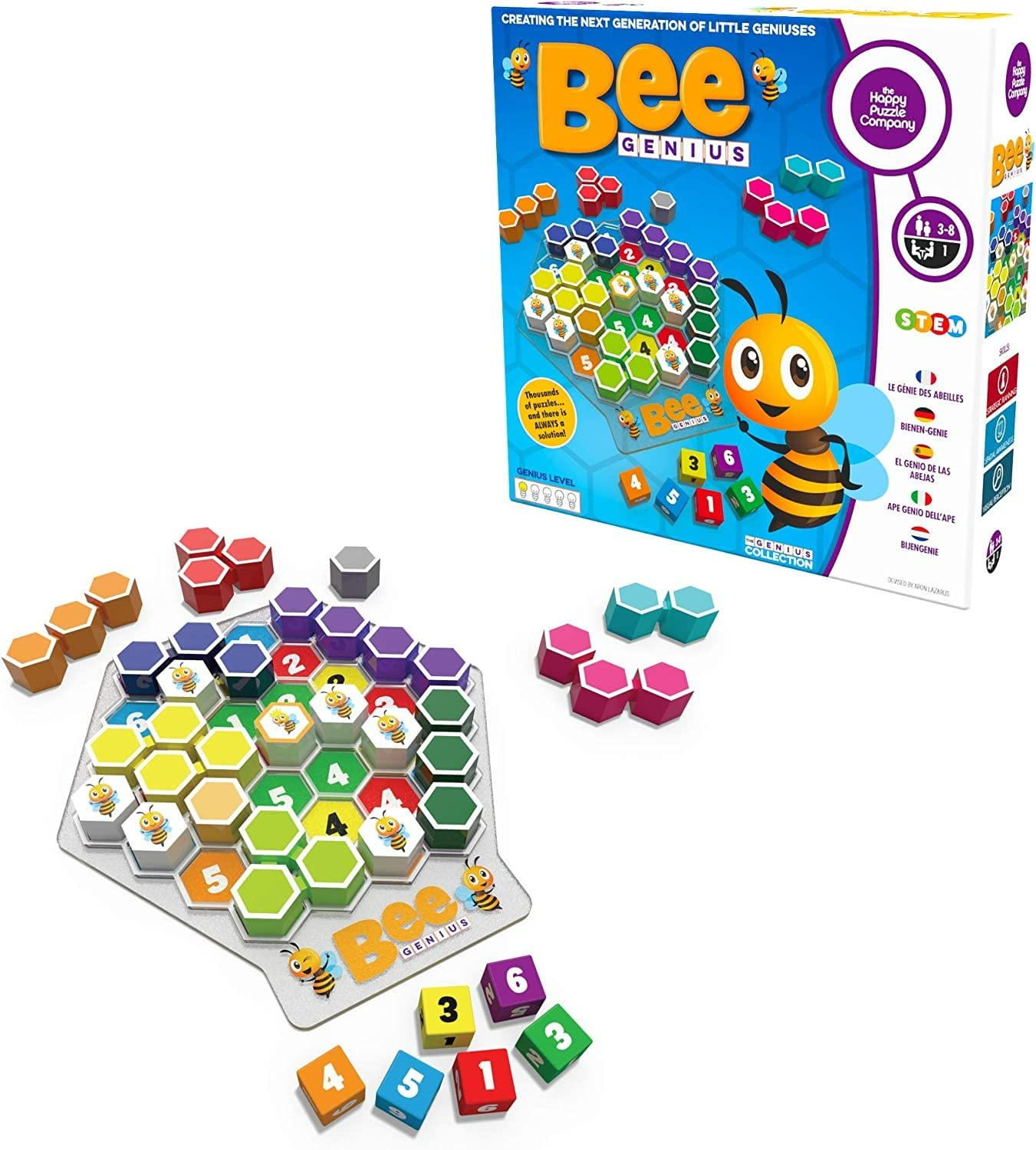 Bee Genius - Award Winner Puzzle Family Board Game for Ages 3+ Kids. 46,656 Possible Solutions to Help The Queen Bee & Worker Bees Build Their Honeycomb by Filling in Colored Shapes!