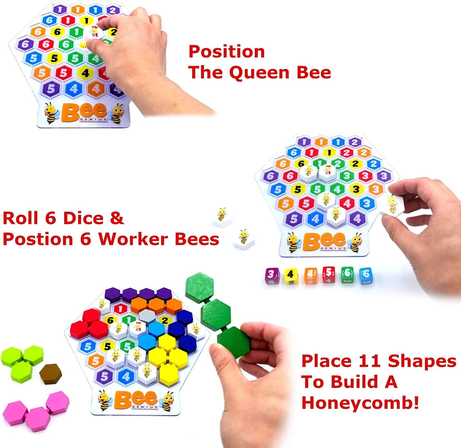 Bee Genius - Award Winner Puzzle Family Board Game for Ages 3+ Kids. 46,656 Possible Solutions to Help The Queen Bee & Worker Bees Build Their Honeycomb by Filling in Colored Shapes!