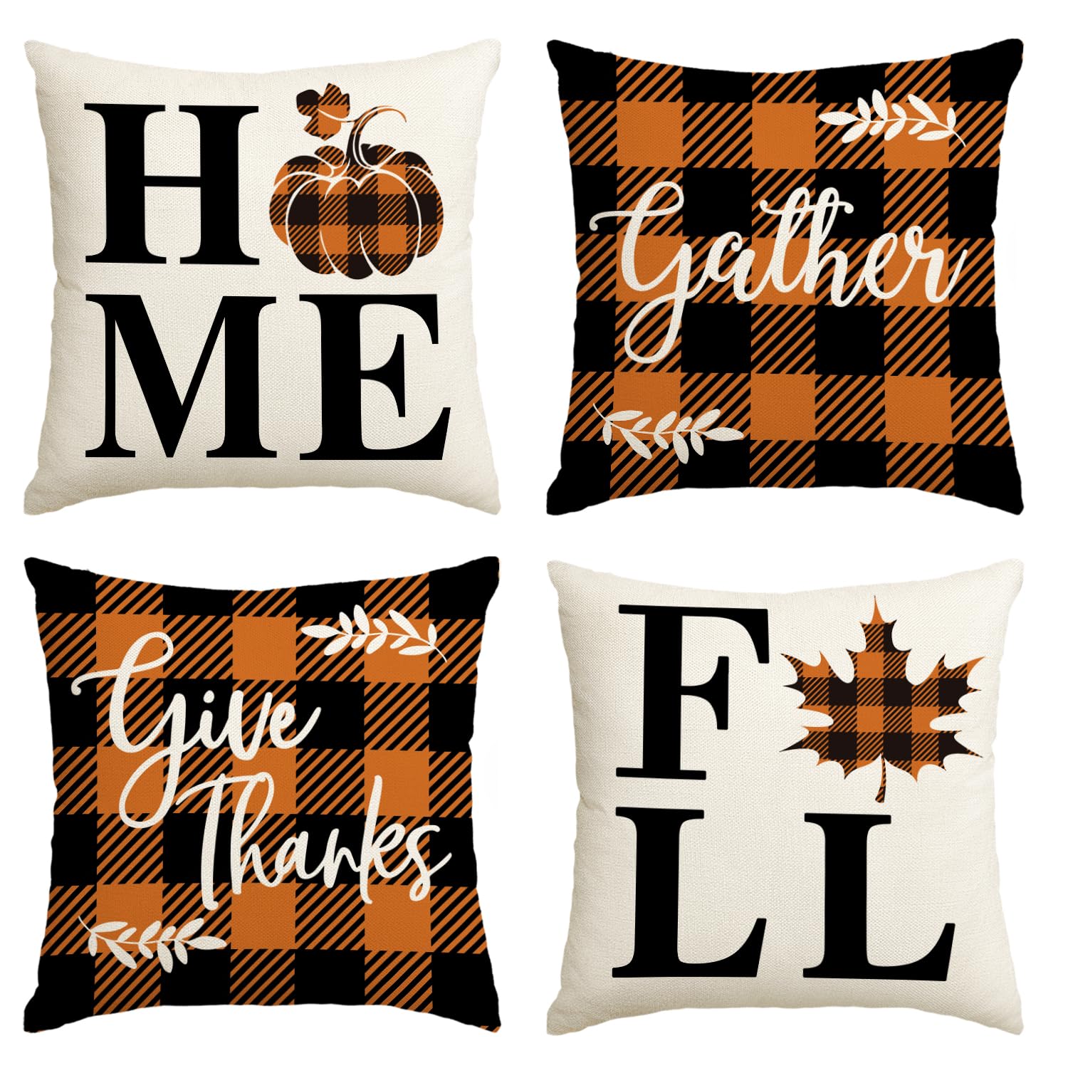 AVOIN colorlife Home Fall Buffalo Check Plaid Pumpkin Maple Leaf Throw Pillow Cover, 18 x 18 Inch Autumn Give Thanks Gather Farmhouse Cushion Case for Sofa Couch Set of 4