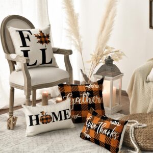 AVOIN colorlife Home Fall Buffalo Check Plaid Pumpkin Maple Leaf Throw Pillow Cover, 18 x 18 Inch Autumn Give Thanks Gather Farmhouse Cushion Case for Sofa Couch Set of 4