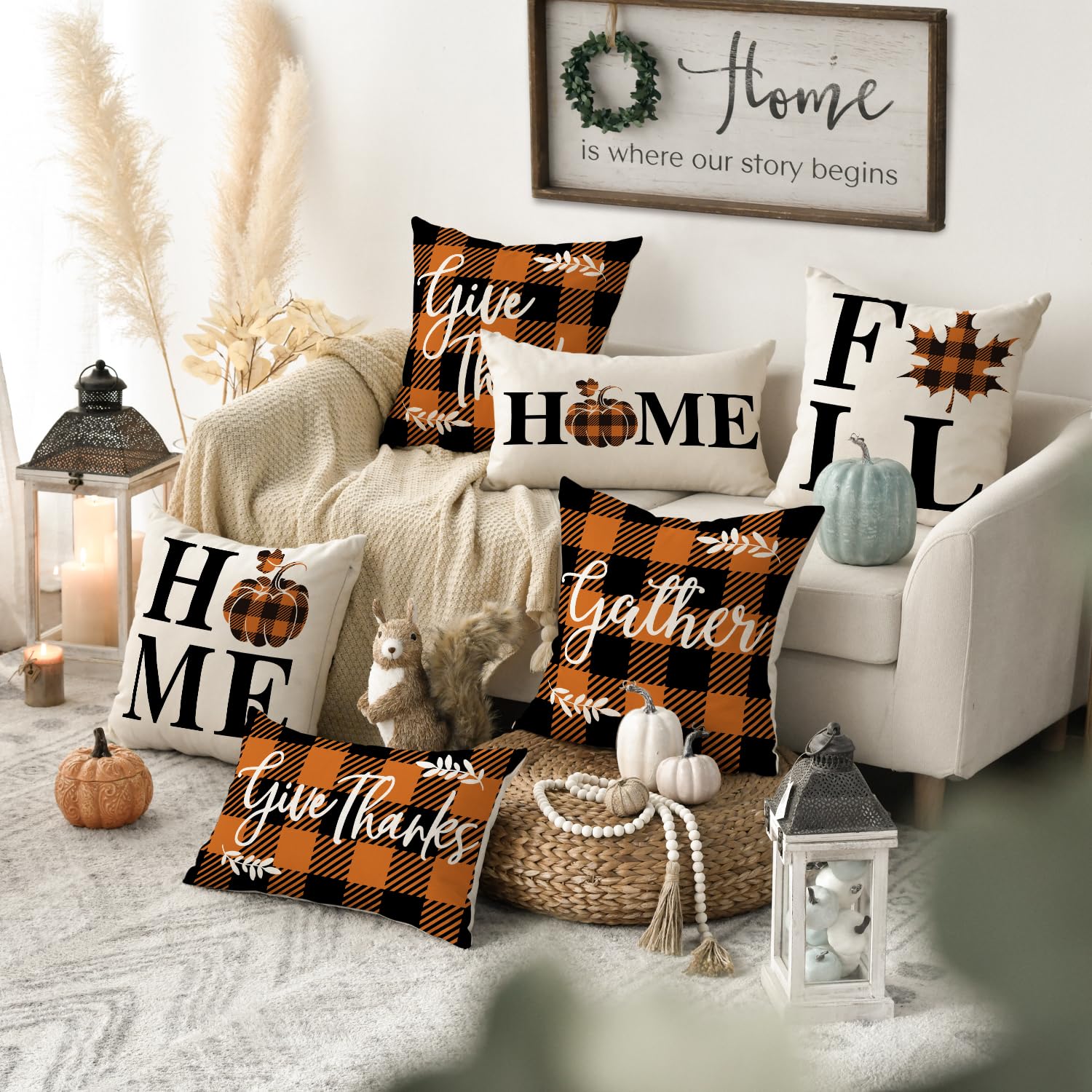 AVOIN colorlife Home Fall Buffalo Check Plaid Pumpkin Maple Leaf Throw Pillow Cover, 18 x 18 Inch Autumn Give Thanks Gather Farmhouse Cushion Case for Sofa Couch Set of 4