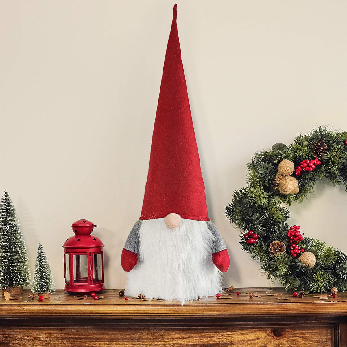 Ivenf 32 Inches Handmade Tomte Gnome Christmas Mantel Table Decorations, Extra Large Plush Swedish Scandinavian Santa for Xmas New Year Winter Holiday Home Decor, Red