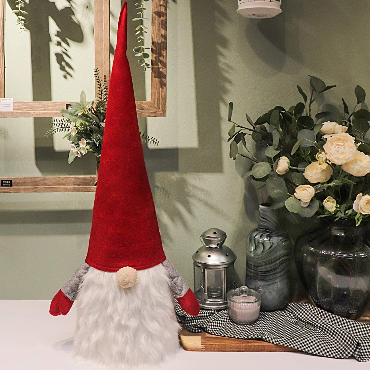 Ivenf 32 Inches Handmade Tomte Gnome Christmas Mantel Table Decorations, Extra Large Plush Swedish Scandinavian Santa for Xmas New Year Winter Holiday Home Decor, Red