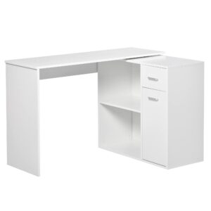 homcom l shaped computer desk, 180° rotating corner desk with storage shelves, drawer and cabinet, study workstation for home office, white