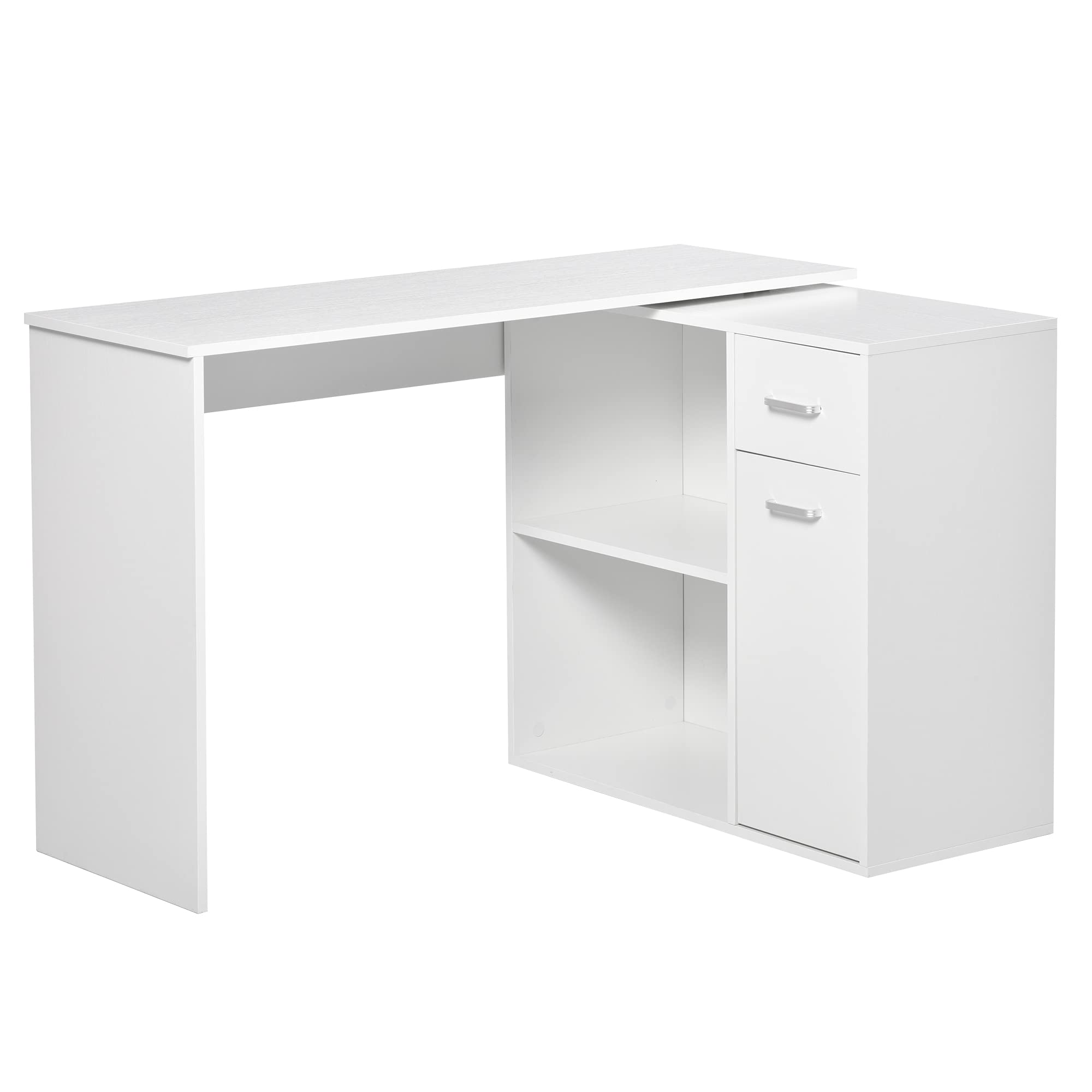 HOMCOM L Shaped Computer Desk, 180° Rotating Corner Desk with Storage Shelves, Drawer and Cabinet, Study Workstation for Home Office, White