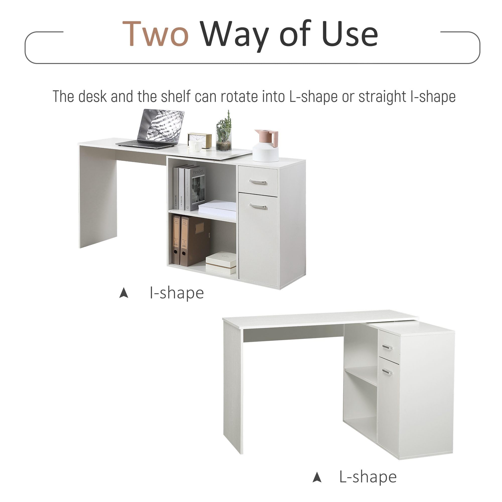 HOMCOM L Shaped Computer Desk, 180° Rotating Corner Desk with Storage Shelves, Drawer and Cabinet, Study Workstation for Home Office, White