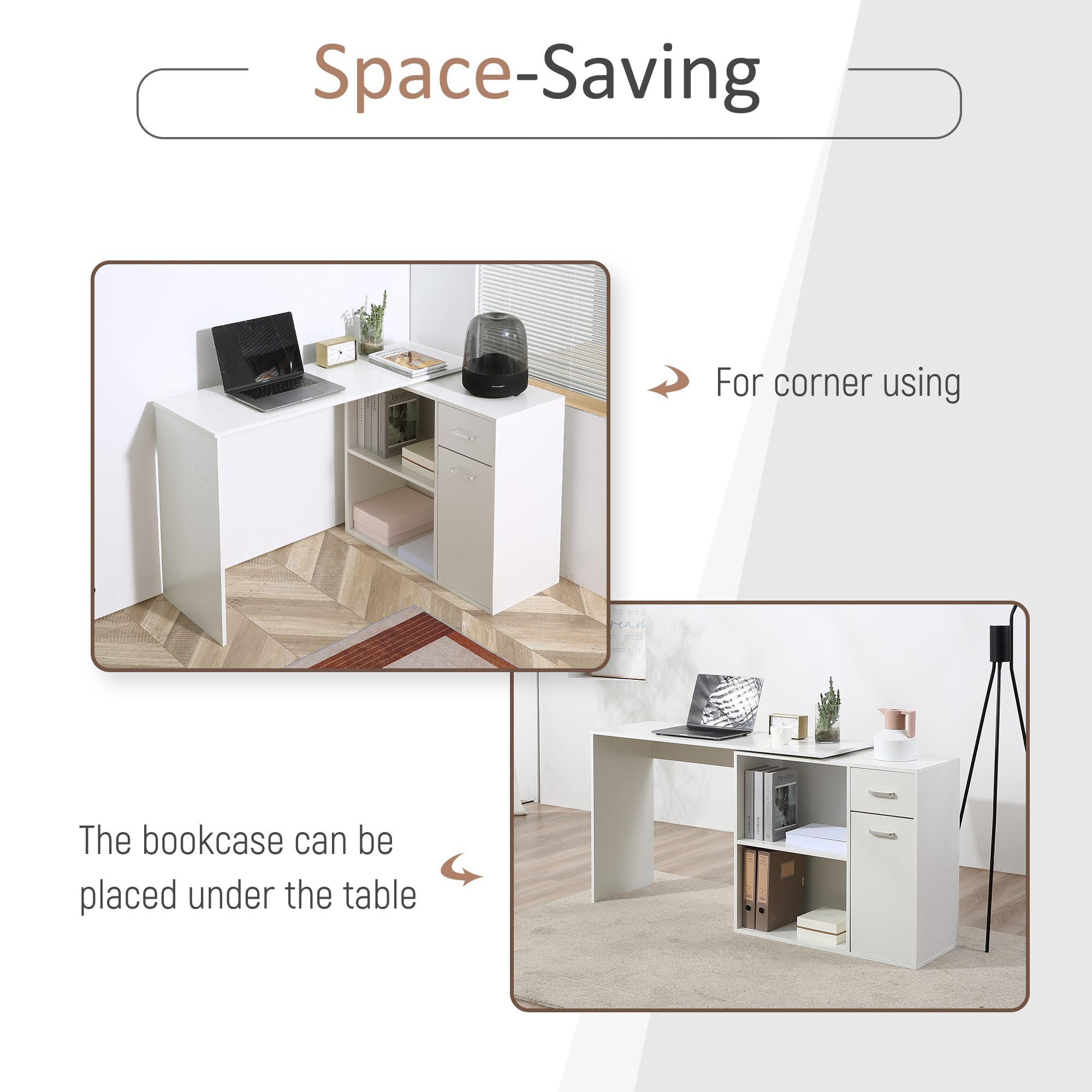 HOMCOM L Shaped Computer Desk, 180° Rotating Corner Desk with Storage Shelves, Drawer and Cabinet, Study Workstation for Home Office, White