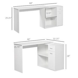 HOMCOM L Shaped Computer Desk, 180° Rotating Corner Desk with Storage Shelves, Drawer and Cabinet, Study Workstation for Home Office, White