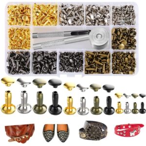 240 sets leather rivets, double cap rivet tubular - 4 colors 3 size metal studs brass rivets with setting tool kit for leather craft/shoes/bags/clothes/belts repair decoration