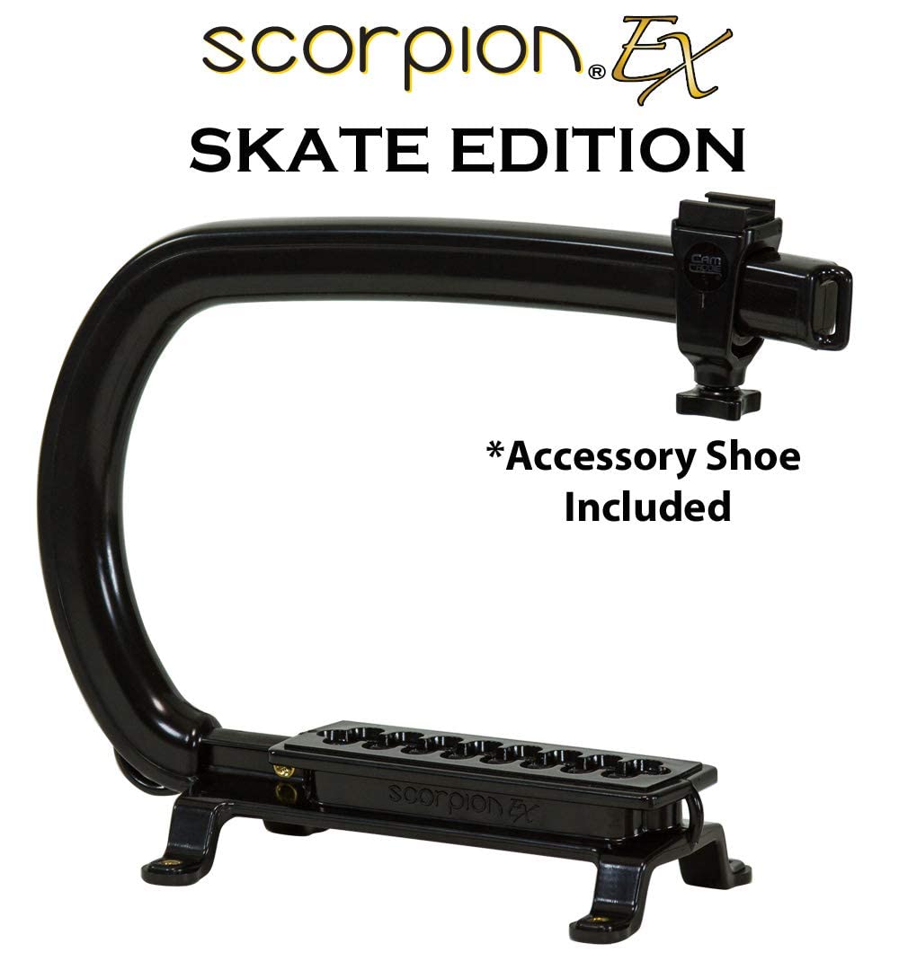 Cam Caddie Scorpion EX Skateboard Camera Handle with Threaded Feet - Professional Steadycam Handle for Most Cameras, Camcorders, Smart Phones and Action Sports Cams - Black - Skate Edition