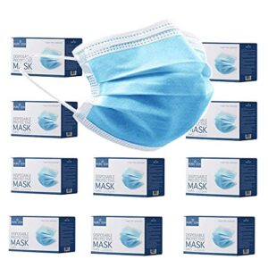 [500 masks] disposable face mask, 3-ply adult masks, single use facial cover with elastic earloops for home, office, school, and outdoors