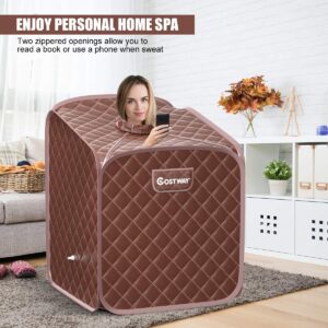 COSTWAY Portable Steam Sauna, 2L Folding Home Spa Sauna Tent for Weight Loss, Detox Relaxation at Home, Personal Sauna with 9 Temperature Levels, Timer, Remote Control, Foldable Chair (Coffee)