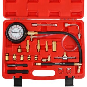 ystool fuel pressure tester gauge kit 140psi automotive engine injector pump test gasoline gas injection manometer tool set with inline fitting schrader adapter for auto car motorcycle (red case)