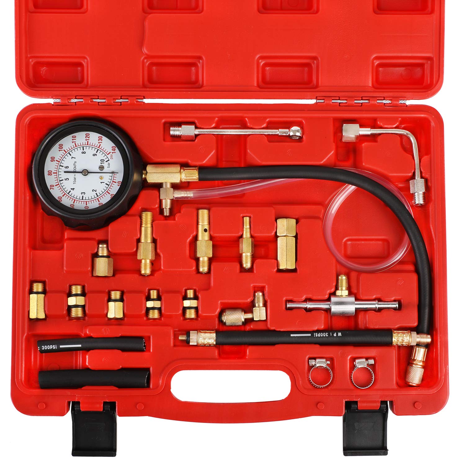 YSTOOL Fuel Pressure Tester Gauge Kit 140PSI Automotive Engine Injector Pump Test Gasoline Gas Injection Manometer Tool Set with Inline Fitting Schrader Adapter for Auto Car Motorcycle (Red Case)