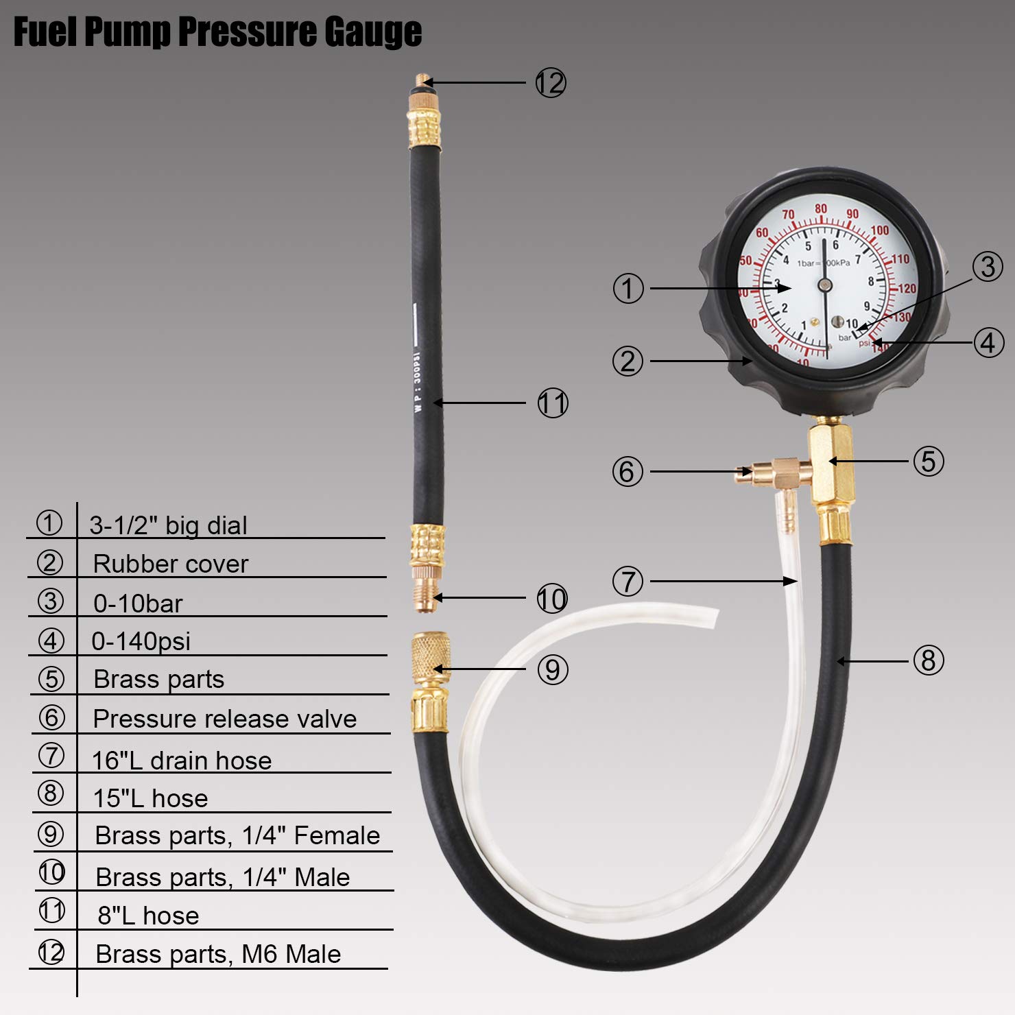 YSTOOL Fuel Pressure Tester Gauge Kit 140PSI Automotive Engine Injector Pump Test Gasoline Gas Injection Manometer Tool Set with Inline Fitting Schrader Adapter for Auto Car Motorcycle (Red Case)