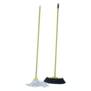 superio cotton mop and broom set, light green polka dot print design, superior cleaning tools broom and string mop.