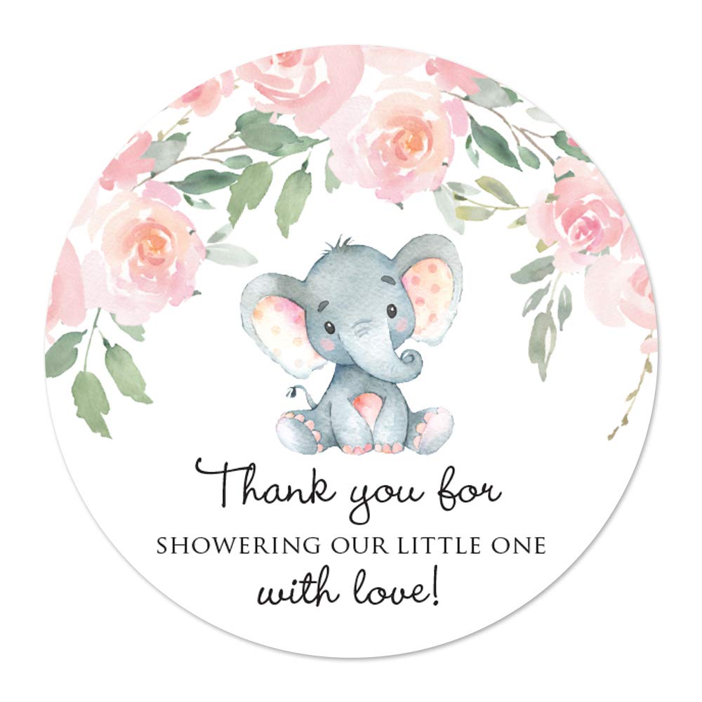 2" Round Elephant Baby Shower Thank You Favor Stickers (40 Labels) (Pink)