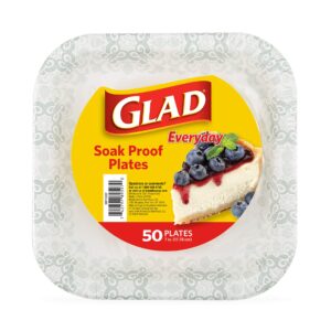 glad square disposable paper plates with gray victorian print|soak /cut-proof, microwaveable heavy duty, disposable , 7 inches, 50 count|square party plates bulk