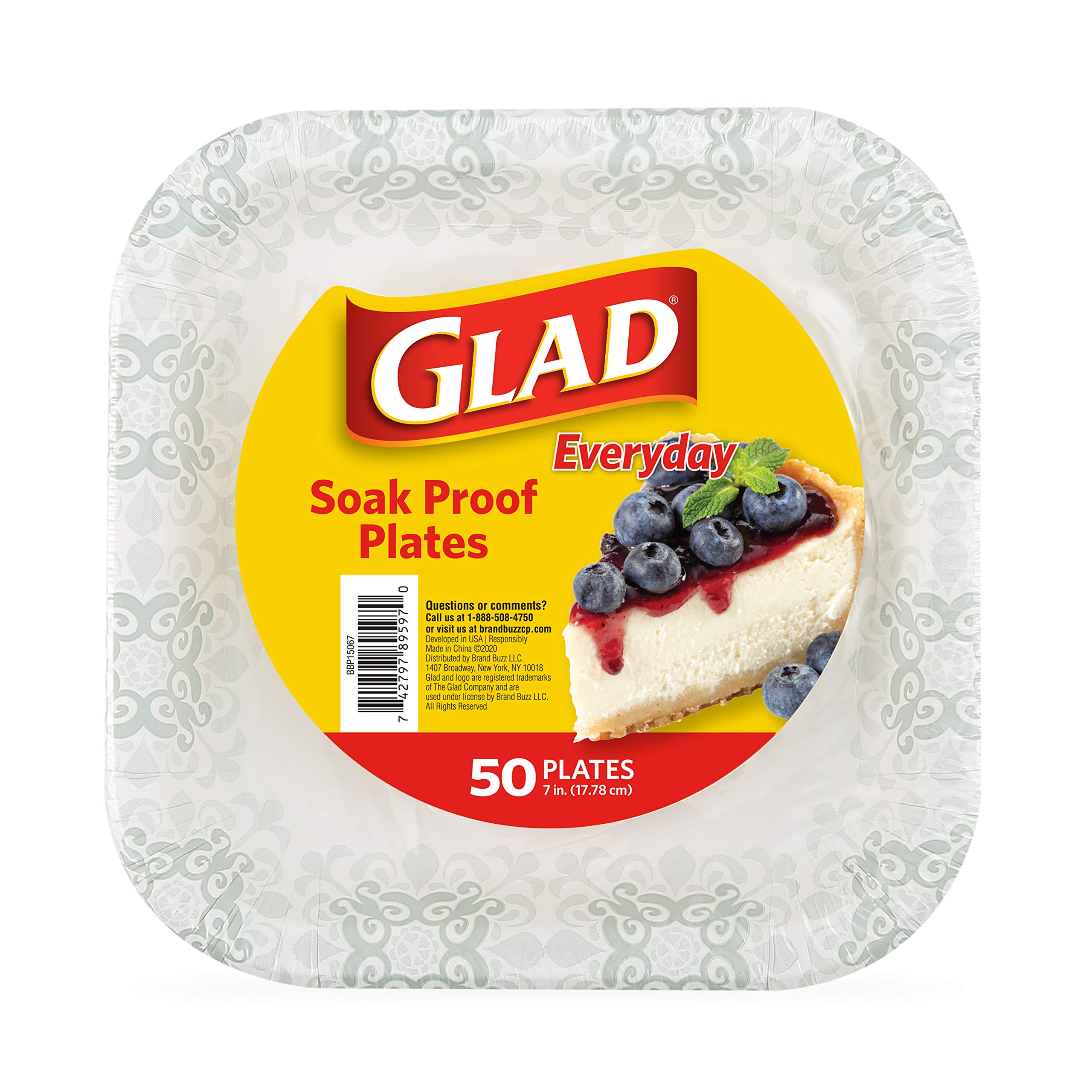 Glad Square Disposable Paper Plates with Gray Victorian Print|Soak /Cut-Proof, Microwaveable Heavy Duty, Disposable , 7 Inches, 50 Count|Square Party plates Bulk