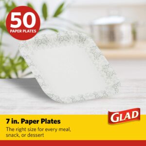 Glad Square Disposable Paper Plates with Gray Victorian Print|Soak /Cut-Proof, Microwaveable Heavy Duty, Disposable , 7 Inches, 50 Count|Square Party plates Bulk