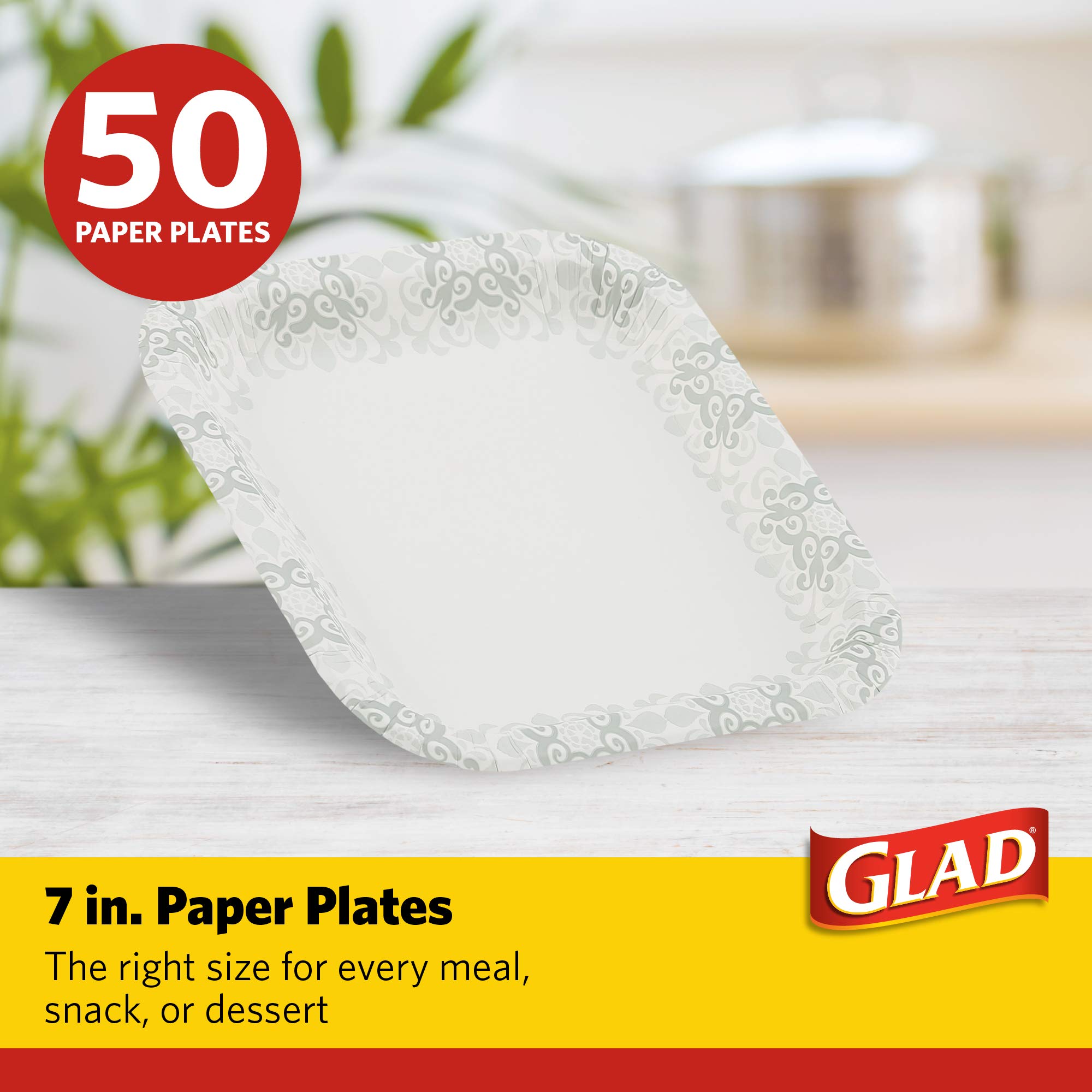 Glad Square Disposable Paper Plates with Gray Victorian Print|Soak /Cut-Proof, Microwaveable Heavy Duty, Disposable , 7 Inches, 50 Count|Square Party plates Bulk