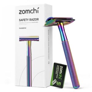 zomchi double edge safety razor with 5 safety razor blades, women & men’s safety shaving razor, reusable razor, plastic free – rainbow