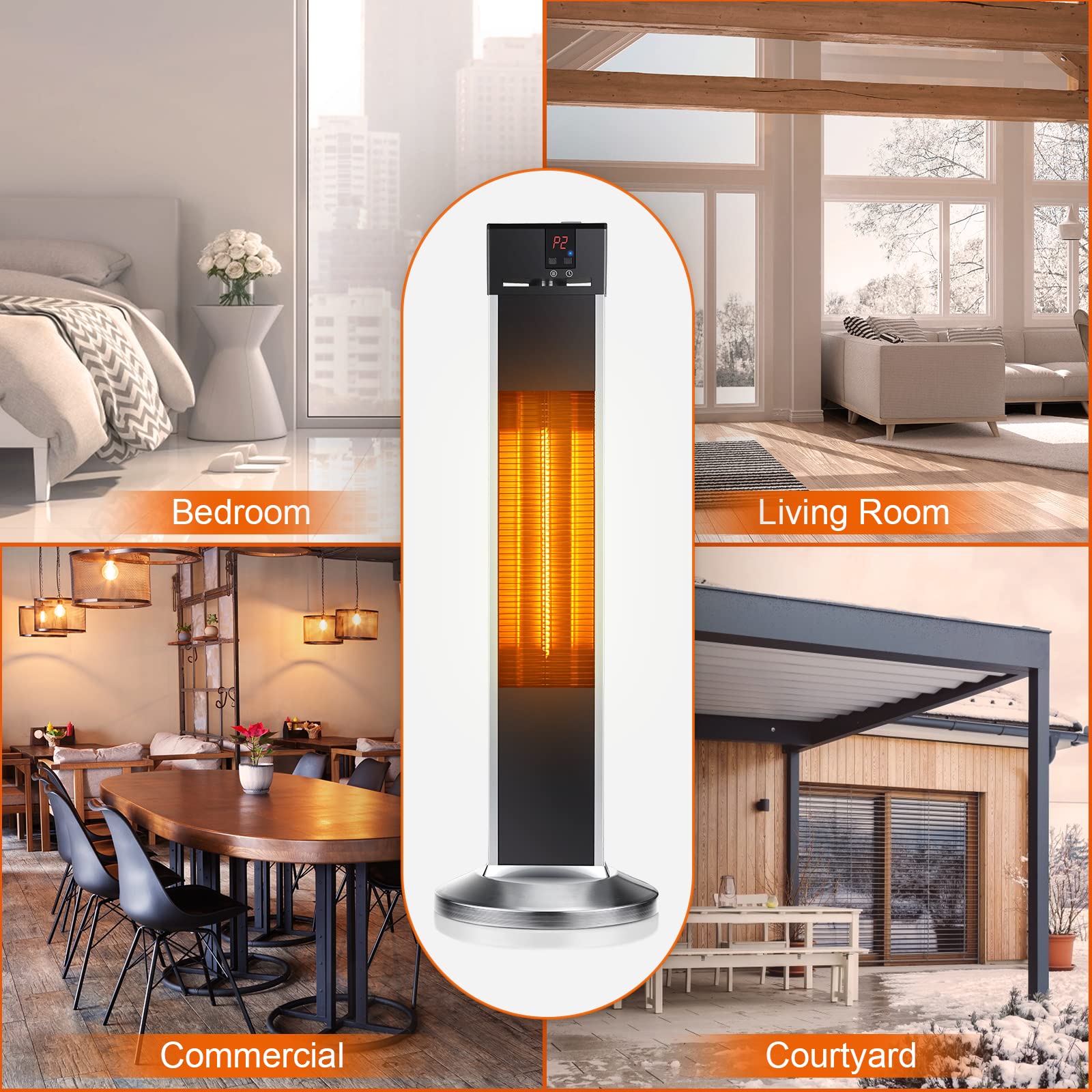 Electric Space Heaters for Indoor Use Large Room, Infrared Heater w/Remote, Auto Shut Off, 500/1000/1500W Radiant Heater, Super Quiet 3s Instant Warm Vertical Indoor space heaters, Patio Heater