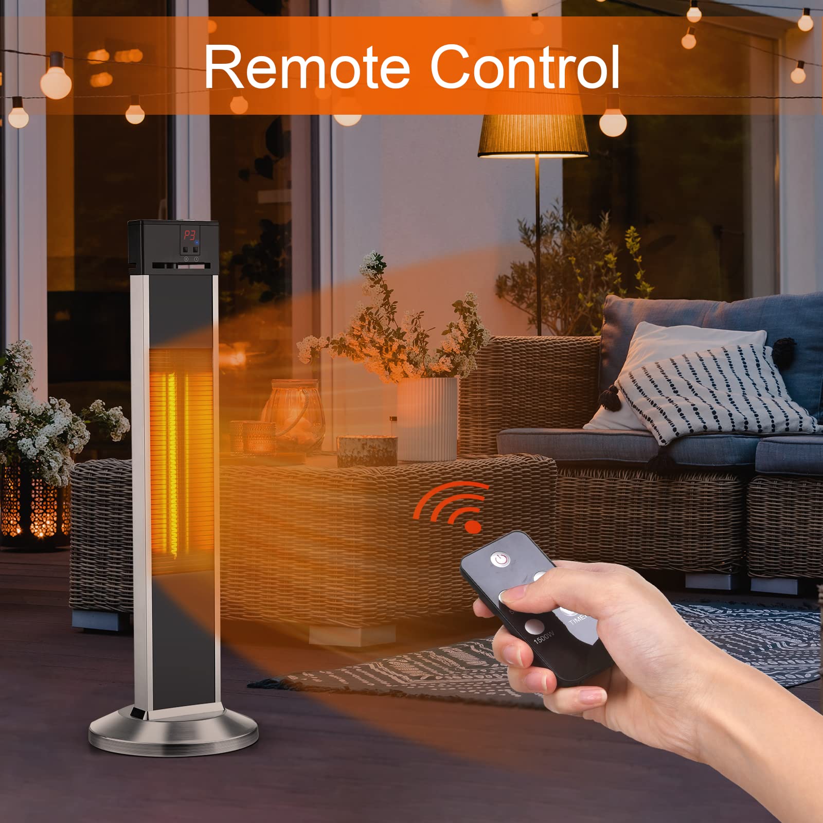 Electric Space Heaters for Indoor Use Large Room, Infrared Heater w/Remote, Auto Shut Off, 500/1000/1500W Radiant Heater, Super Quiet 3s Instant Warm Vertical Indoor space heaters, Patio Heater