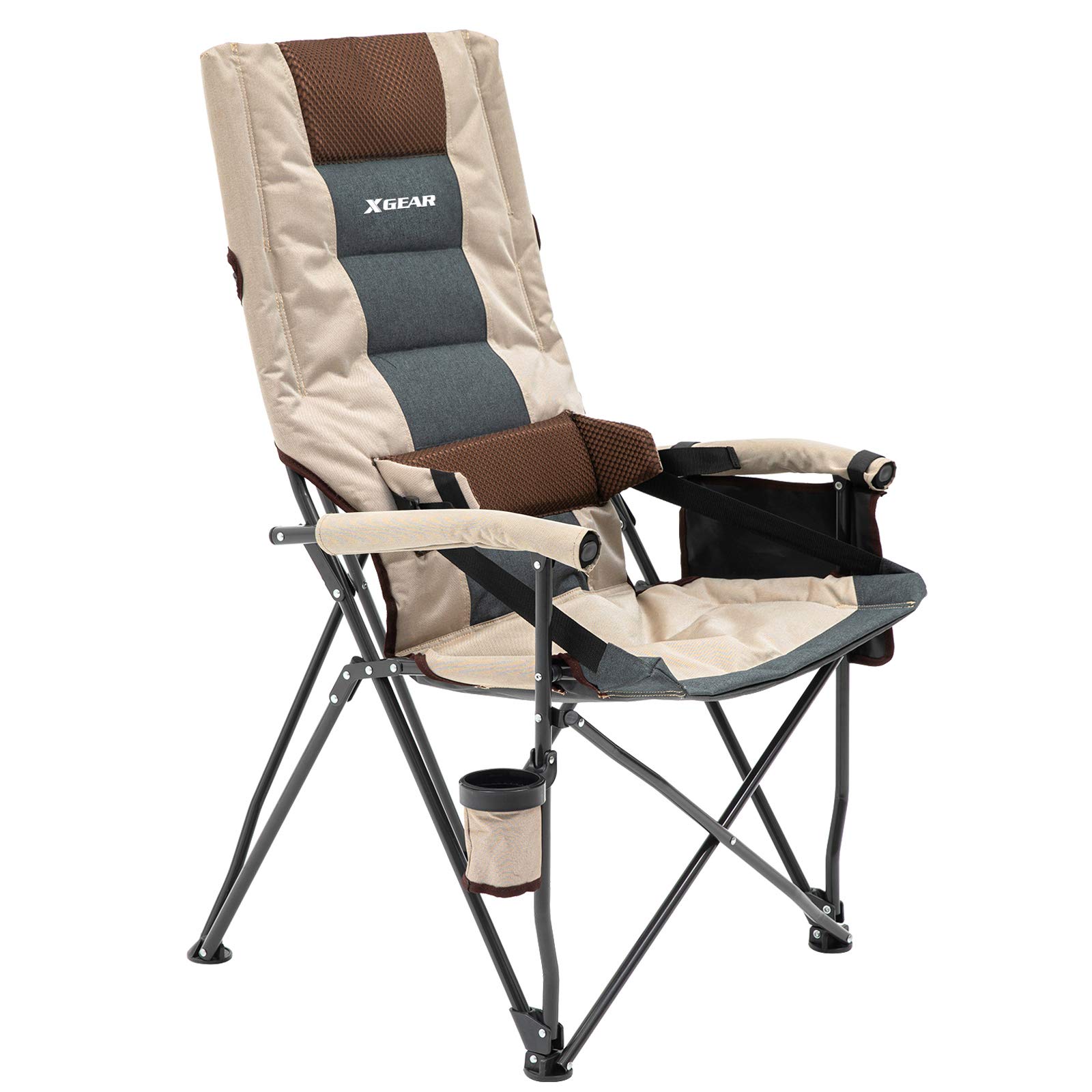 XGEAR Adjustable Oversized Camping Chair High Back Camp Chair Hard Arm Chair with Cup Holder, Support to 400lbs-Beige (Beige-O)